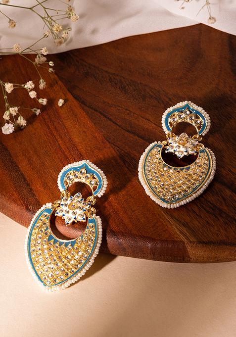 Gold Finish Meenakari And Kundan Dangler Jhumka Earrings