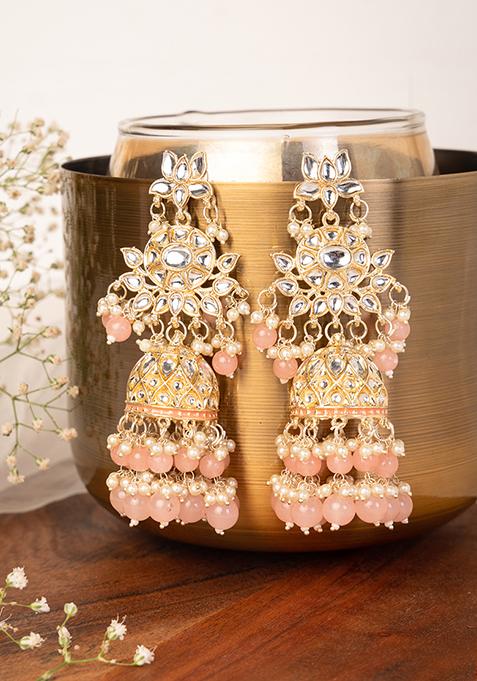 Gold Finish Kundan And Pink Bead Floral Dangler Earrings