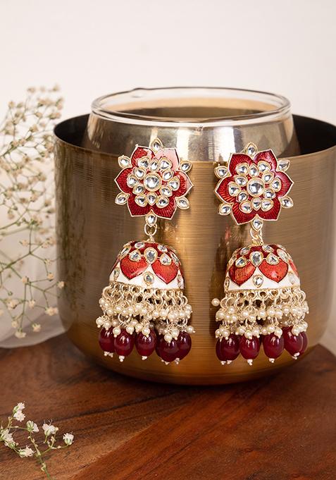 Gold Finish Meenakari And Red Bead Floral Jhumka Earrings