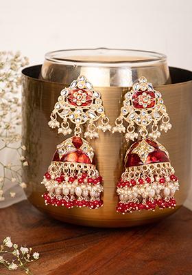 Gold Finish Kundan And Red Stone Floral Jhumka Earrings