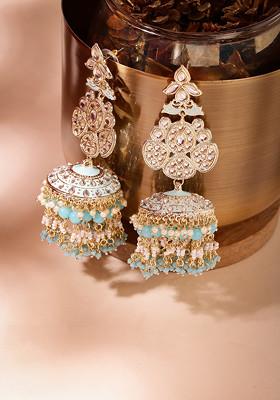 Gold Finish Sky Blue Bead Dangler Jhumka Earrings