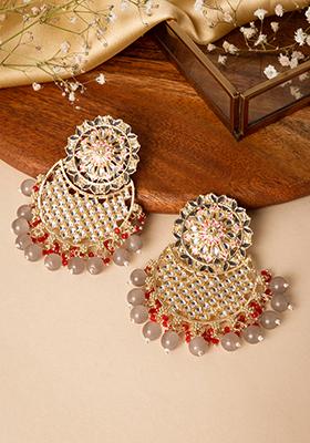 Gold Finish Meenakari Grey And Red Bead Chandbali Earrings