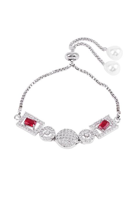 Silver Finish Zirconia And Red Stone Tie Up Bracelet