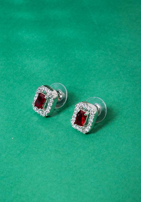 Silver Finish Zirconia And Pink Stone Stud Earrings