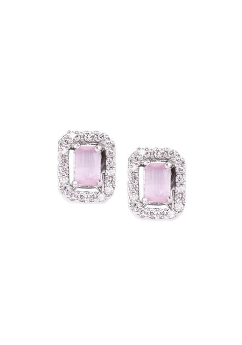 Silver Finish Zirconia And Blush Pink Stone Stud Earrings