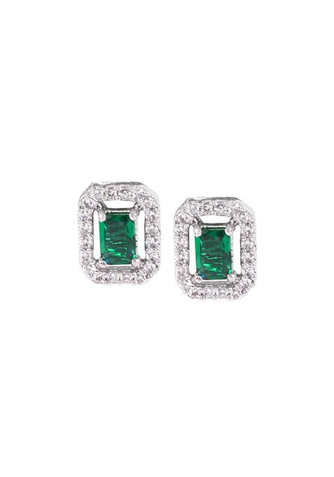 Silver Finish Zirconia And Green Stone Stud Earrings
