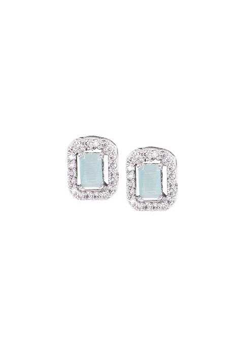 Silver Finish Zirconia And Mint Green Stone Stud Earrings