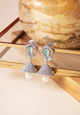 Silver Finish Zirconia And Pastel Green Stone Jhumki Earrings