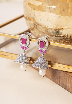 Silver Finish Zirconia And Purple Stone Jhumki Earrings