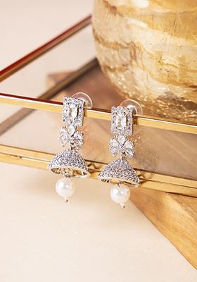 Silver Finish Zirconia Baguette Pearl Drop Jhumki Earrings