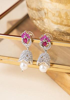 Silver Finish Zirconia Pink Stone And Pearl Drop Jhumki Earrings