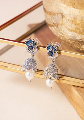 Silver Finish Zirconia Pearl Drop Floral Jhumki Earrings