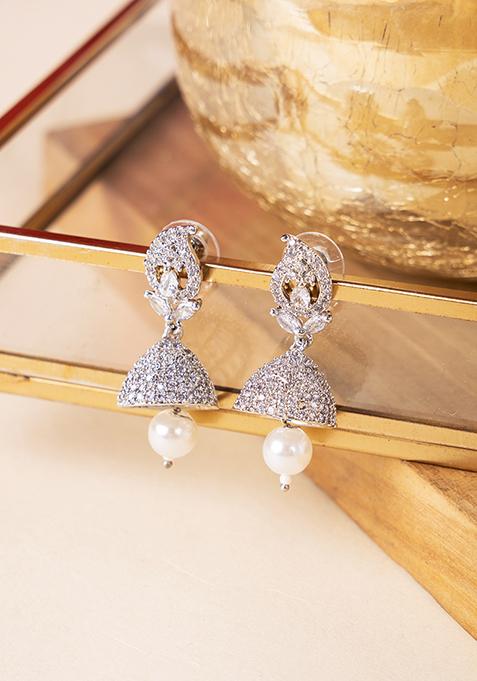 Silver Finish Abstract Leaf Pearl Drop Floral Jhumki Earrings