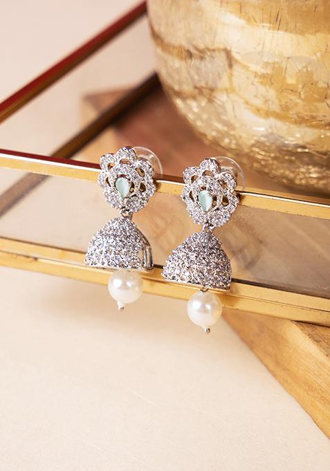 Silver Finish Pearl Drop Floral Jhumki Earrings