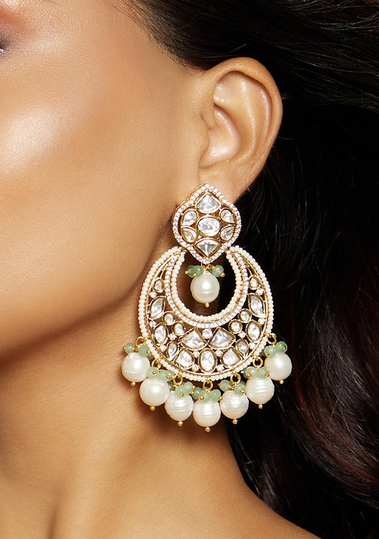 Stunning matte finish big kundan & faux pearl bridal chandbali earrings  with maang tikka set for women - Neil Enterprise - 4175897