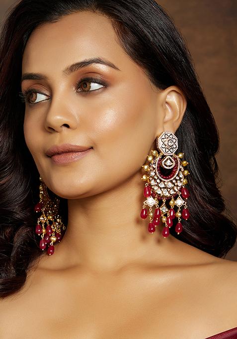 Deep Red And Golden Chandbali Earrings