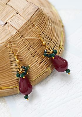 Gold Finish Green Bead And Red Drop Brass Earrings