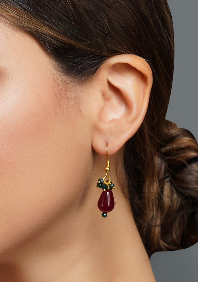 Gold Finish Green Bead And Red Drop Brass Earrings - Indya