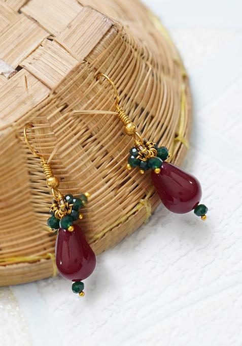 Gold Finish Green Bead And Red Drop Brass Earrings
