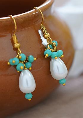 Gold Finish White Bead Drop Style Brass Earrings