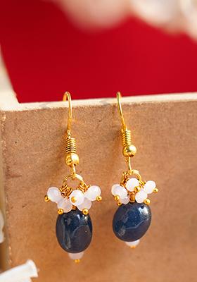 Gold Finish White Bead And Blue Drop Brass Earrings