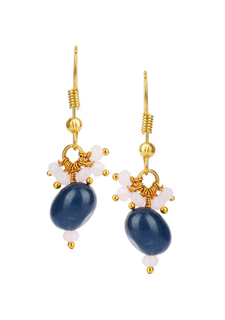 Gold Finish White Bead And Blue Drop Brass Earrings - Indya