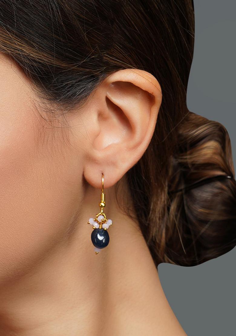 Gold Finish White Bead And Blue Drop Brass Earrings - Indya