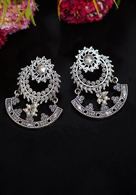 Silver Finish White Bead Brass Chandbali Earrings