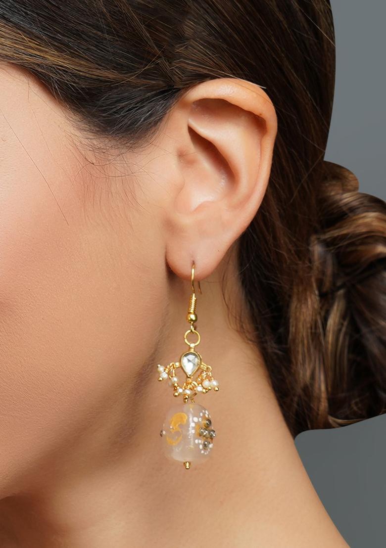 Gold Finish Grey Bead Brass Earrings - Indya