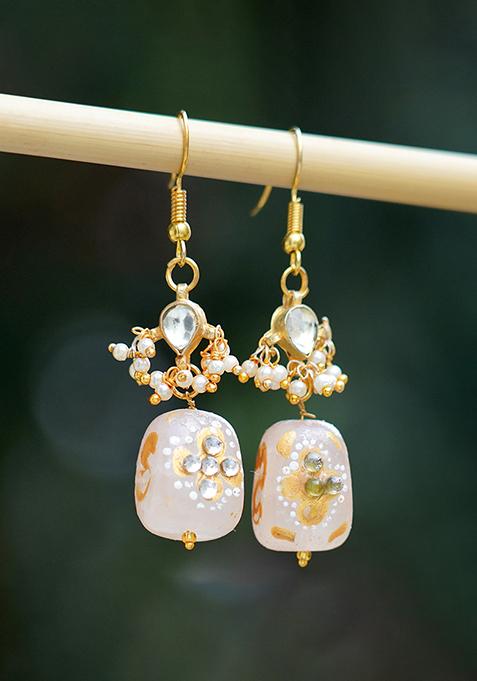 Gold Finish Grey Bead Brass Earrings