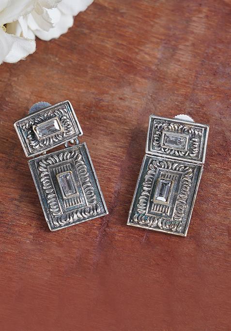 Silver Tone Rectangular Brass Earrings
