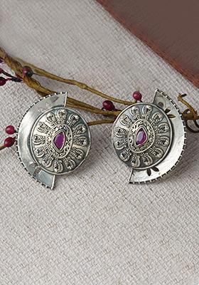 Silver Tone Oval Shape Brass Stud Earrings