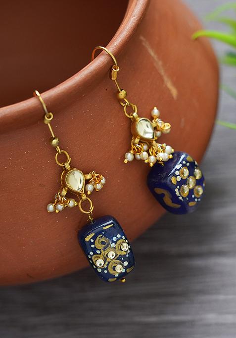 Gold Finish Dark Blue Drop Brass Earrings