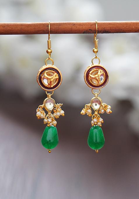 Gold Finish Green Drop Brass Earrings