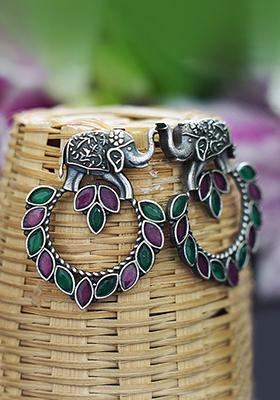 Silver Tone Elephant Motif Handcrafted Brass Earrings