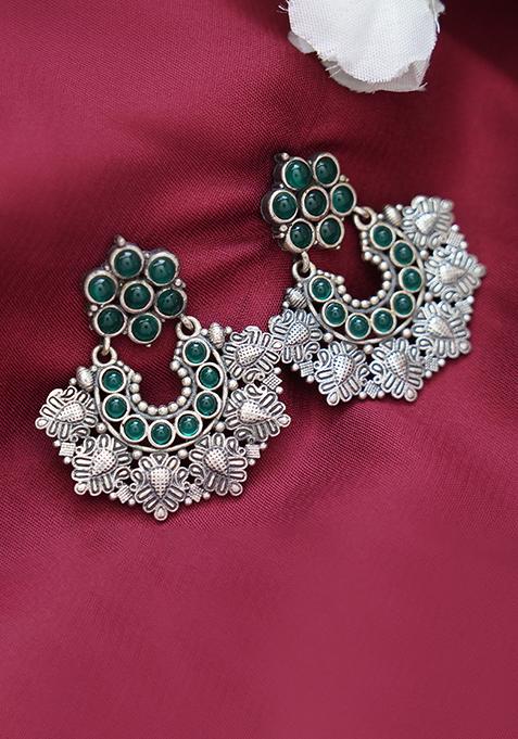 Silver Tone Green Bead Brass Earrings