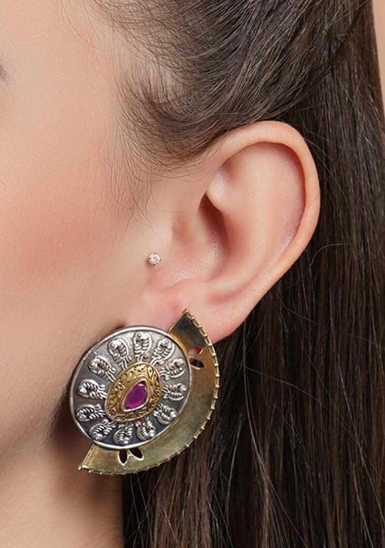 Dual Tone Brass Stud Earrings - Indya