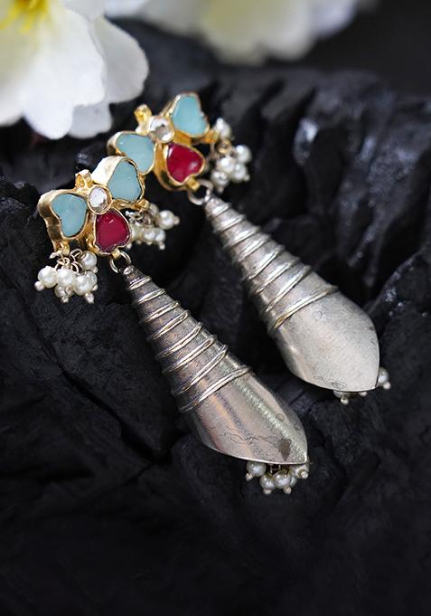 Silver Tone Red And Blue Stone Brass Earrings