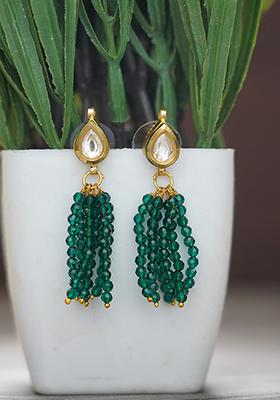 Gold Finish Green Bead Brass Earrings