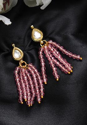 Gold Finish Pink Bead Brass Earrings