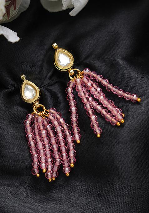 Gold Finish Pink Bead Brass Earrings
