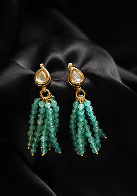 Gold Finish Aqua Bead Brass Earrings