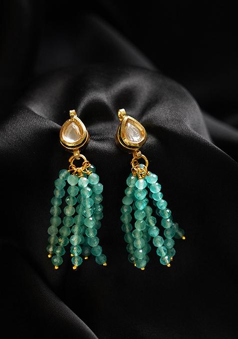 Gold Finish Aqua Bead Brass Earrings
