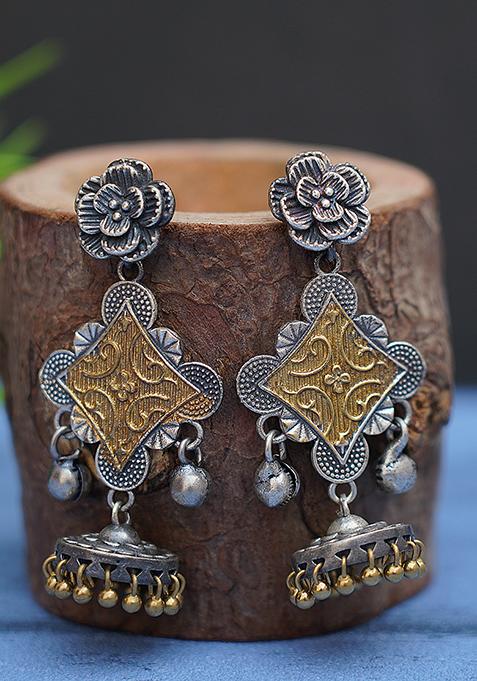 Dual Tone Flower Motif Brass Earrings