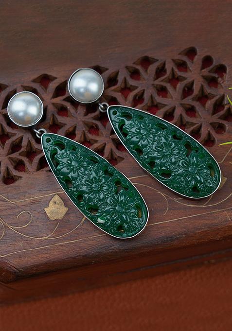 Silver Tone Green Drop Dangler Brass Earrings
