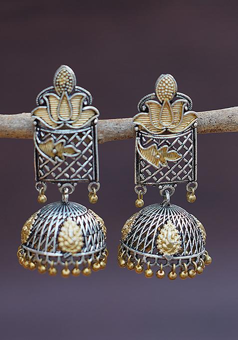 Dual Tone Lotus Motif Jhumka Earrings