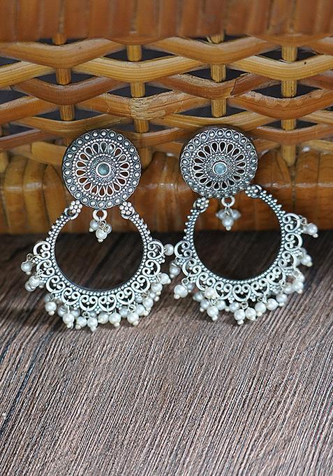 Silver Tone White Bead Brass Chandbali Earrings