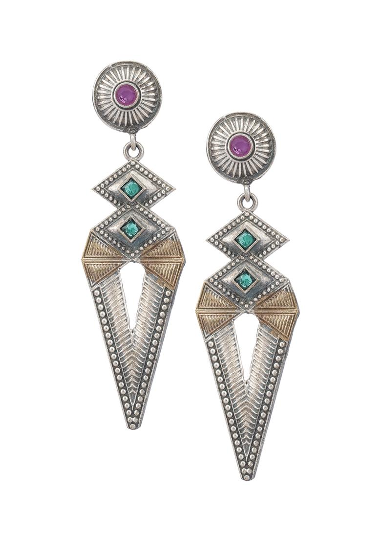 Dual Tone Triangular Brass Earrings - Indya