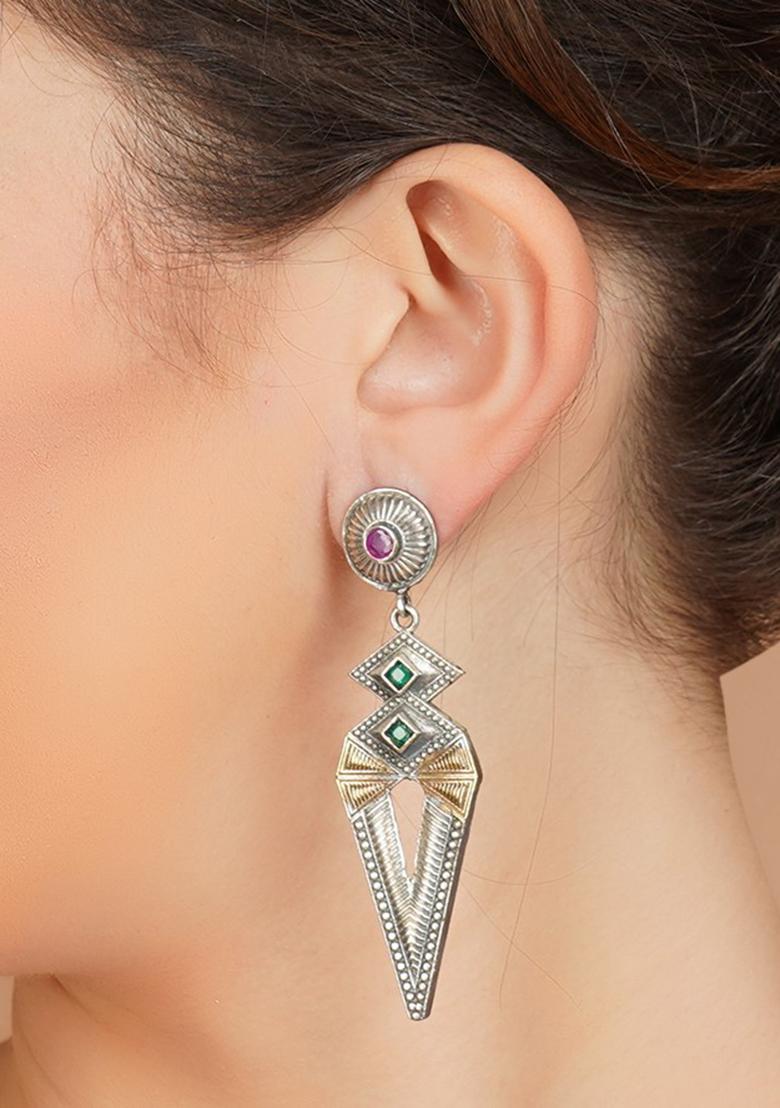 Dual Tone Triangular Brass Earrings - Indya