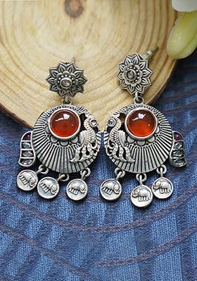 Silver Tone Elephant Motif Orange Stone Brass Earrings